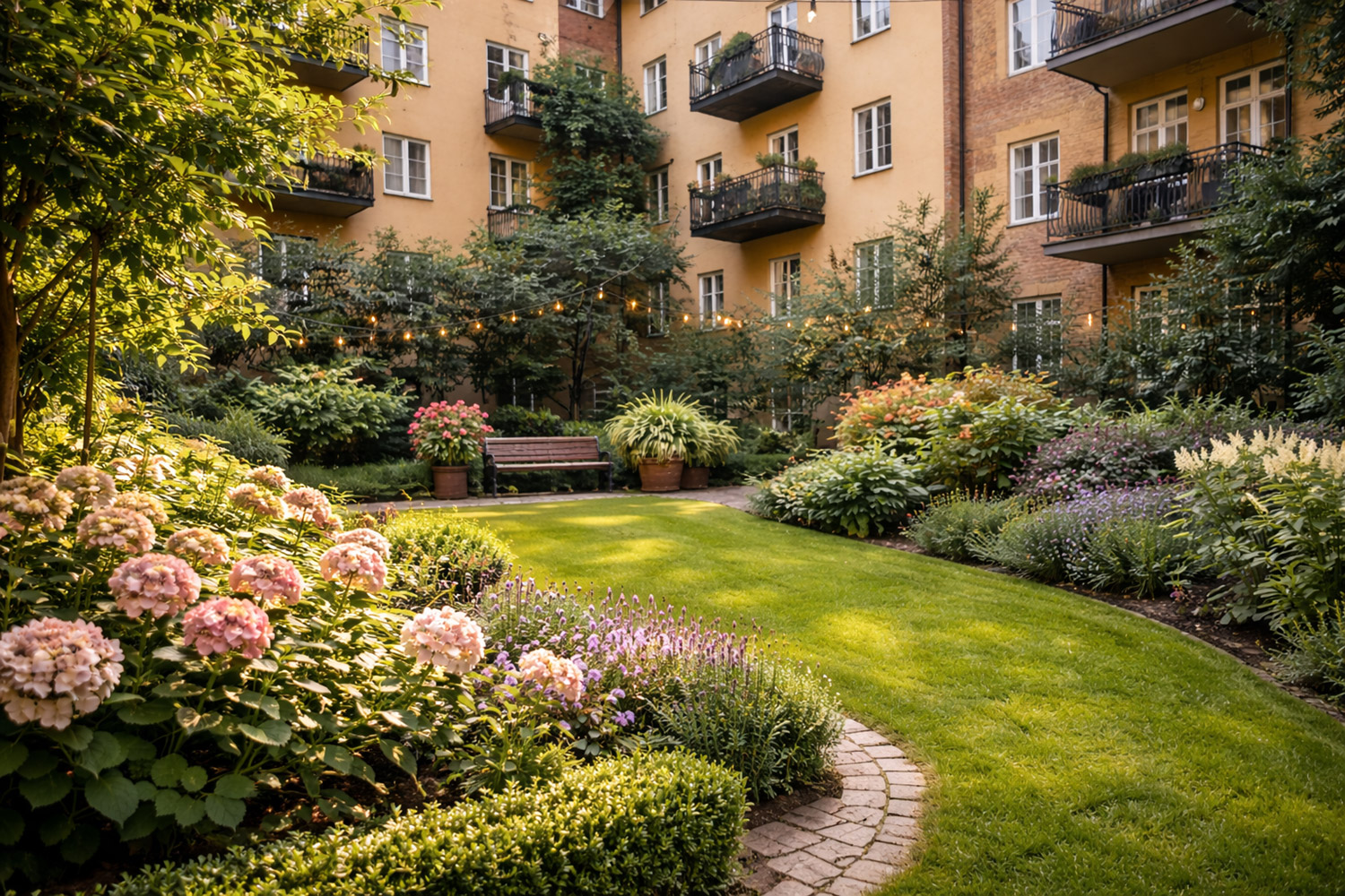 Välskött innergård med grönska, planteringar och lugn miljö efter utfört trädgårdsarbete.